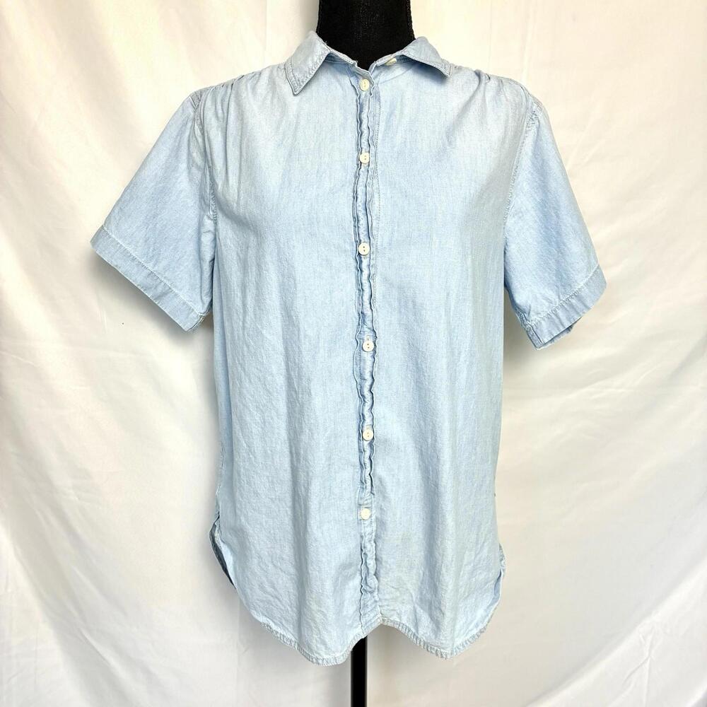 J.Crew Re-Imagined Women Classic Chambray Shirt Size 8 Blue Short Sleeve Cotton